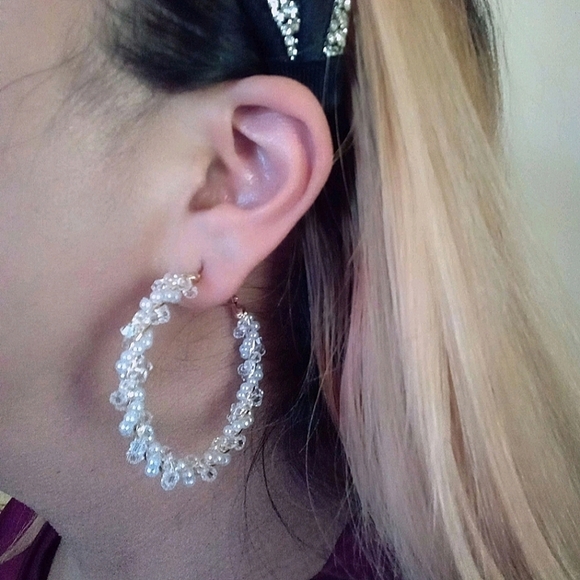 Gold hoop earrings Beaded Statement Boho faux Pearl chunky twist 💖2/$30 - Picture 9 of 14